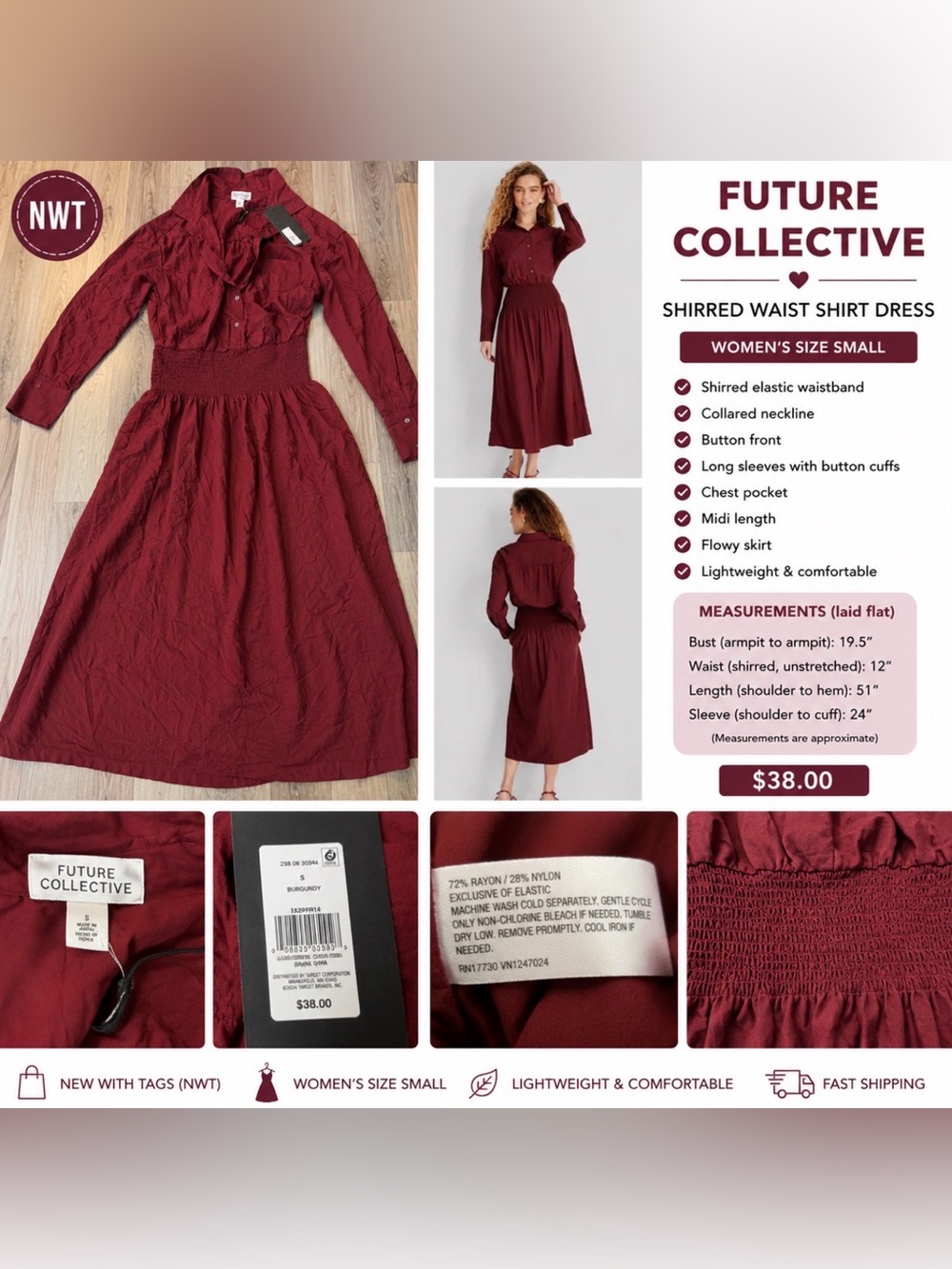 Future Collective Smocked Waist Midi Shirt Dress – NWT – Women’s Small